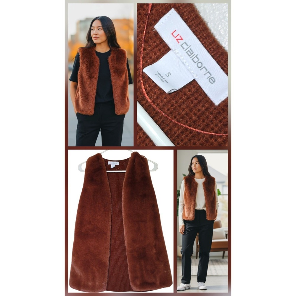 Liz Claiborne burnt Orange Faux Fur Knit Vest size S Sleeveless Fall Casual